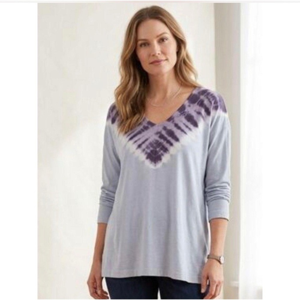 Pure Jill Tie-Dye Tunic‎ Women Large Smoky Mauve Cotton V-Neck Long Sleeve NWT